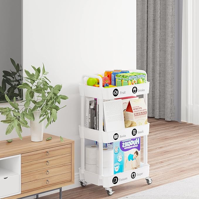 3-Tier Rolling Cart with Wheels, Multifunction Utility Storage Carts, White