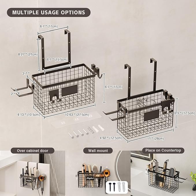 Magheo 2 Pack Hair Tool Organizer,Adhesive Hair Dryer Holder Cabinet Door/Wall Mounted Adjustable Height Blow Dryer Holder Under Sink Bathroom Hair Appliance Organizer and Storage Countertop(Black)
