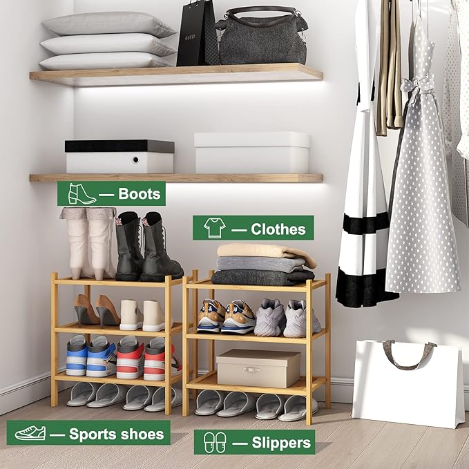 kiplant Small Shoe Rack, Bamboo Wood Shoe Rack for Entryway, Stackable | Foldable | Natural, 3-Tier Shoe Organizer for Hallway Closet, Free Standing Shoe Racks for Indoor & Outdoor