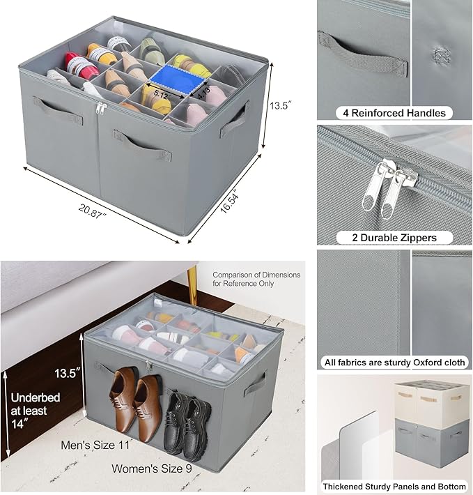 TOPIA HOME Shoe Organizer for Closet, Foldable Shoe Box with Adjustable Dividers and Clear Cover, Space Saving Shoe Storage Organizer Cabinet with Reinforced Handles, Fits 16 Pairs, Gray, TP09G