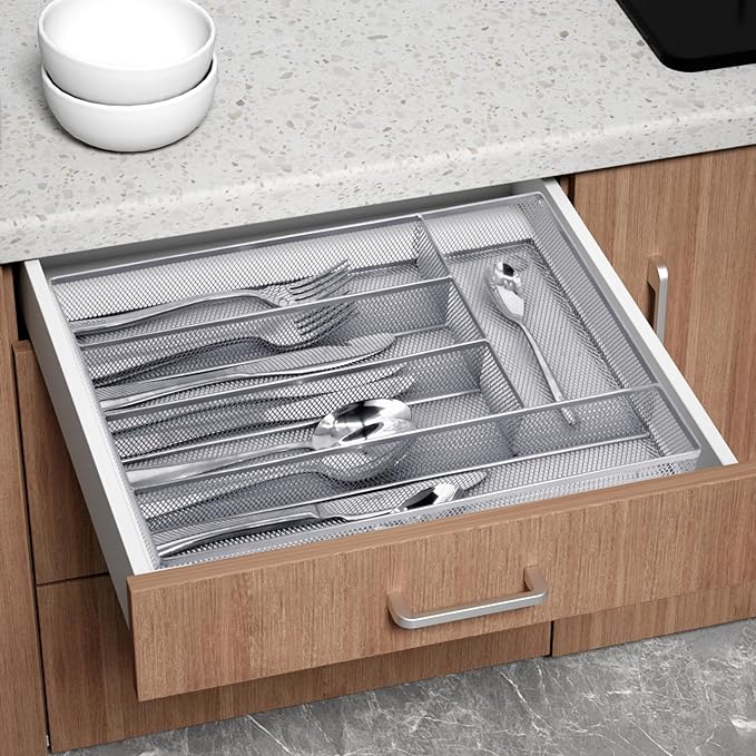 Silverware Drawer Organizer, 5 Compartment Cutlery Tray with Non-Slip Feet