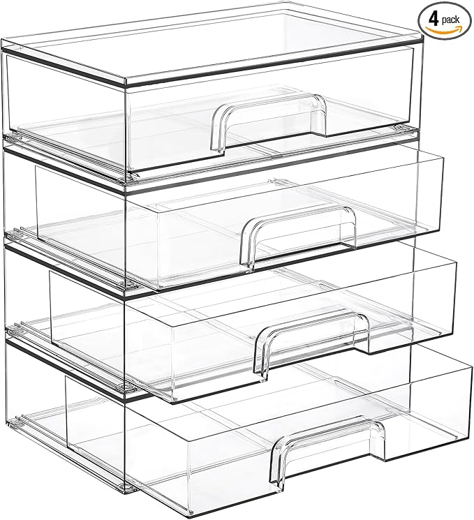 Vtopmart 12.1''W Clear Stackable Storage Drawers,4 Pack Acrylic Plastic Organizers Bins for Makeup Palettes, Cosmetics, and Beauty Supplies,Ideal for Vanity, Bathroom,Cabinet,Desk Organization