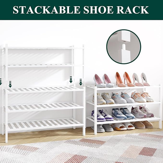 Smiry Bamboo Shoe Rack for Closet, 3 Tier Wooden Shoe Organizer, Stackable Wood Shoe Storage Shelf for Entryway, 14 Vertical Slats, One-piece Heavy-Duty Legs, 26.77"x11.02"x18.31", White