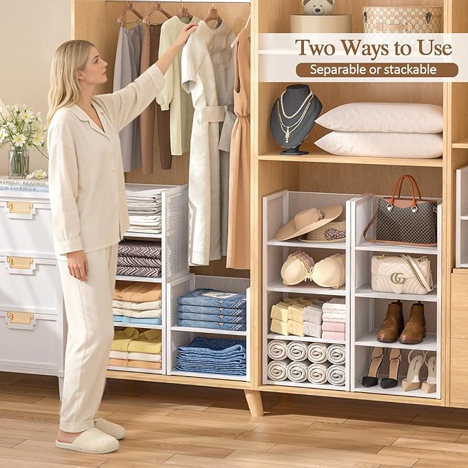 4-Tier Stackable Closet Organizers and Storage Basket, Wire Clothes Shelf Organizer Bins, Sweater Storage for Wardrobe Cupboard, Multifunctional Cube Storage Box for Kitchen Bath Laundry Room, White