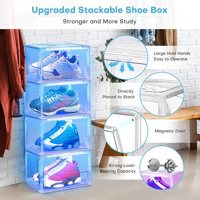 Oltraman Shoe Storage Organizer for Closet, Foldable Shoe Boxes Rack 2 pack, Clear Plastic Stackable Containers Bins Holder, Magnetic Sneaker Shelf for Sneakerheads with LED Lights Clear