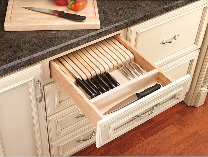 Rev-A-Shelf Trim To Fit Knife Block Drawer Organizer with Silverware Storage Holder for Kitchen Utensils, 19 Slot Cutlery Tray Insert, Wood, 4WKB-1