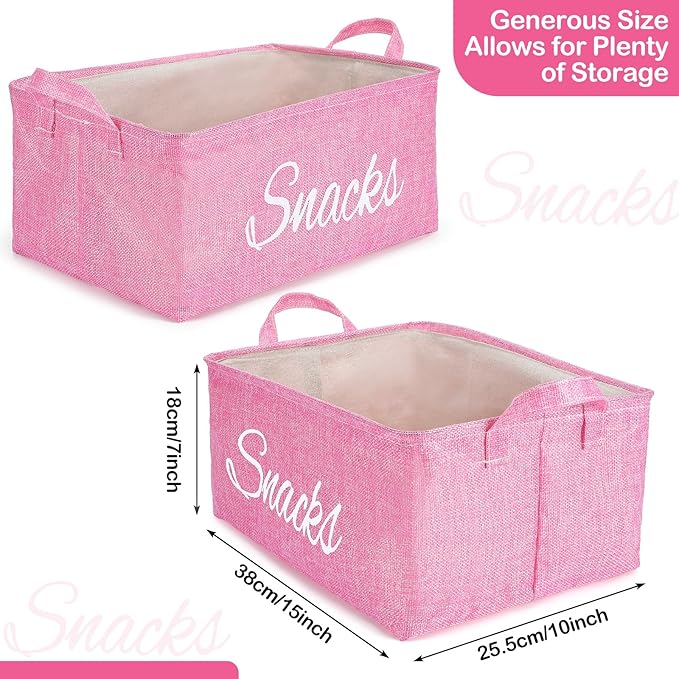 Newtay 17 Pcs Snack Basket Sets, Snack Storage Bin for Pantry Shelves with 16 Pcs 2 Inch Chip Clips, Basket Organizer for Kitchen Home, Chips, Popcorn, Candy, Pretzels (Pink,Burlap)