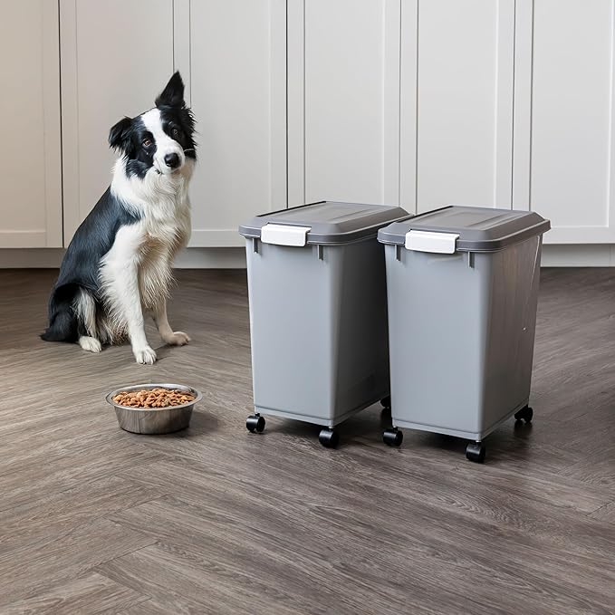 USA Dog Food Storage Container with Wheels, Airtight Lid, 2-Cup Scoop