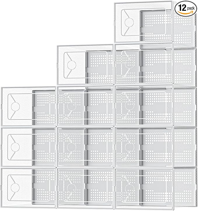 Shoe Storage Boxes, 12-Pack Stackable Clear Shoe Organizers with Lids