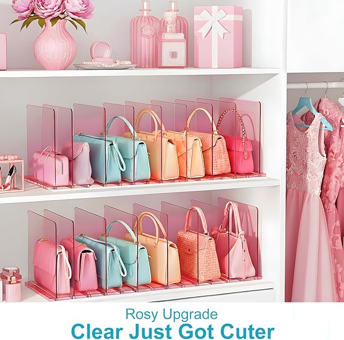 SortNStore Purse Organizer for Closet: Shelf Dividers Adjustable Acrylic Bag Closet Organizers and Storage Pink 4 Bases 14 Shelves