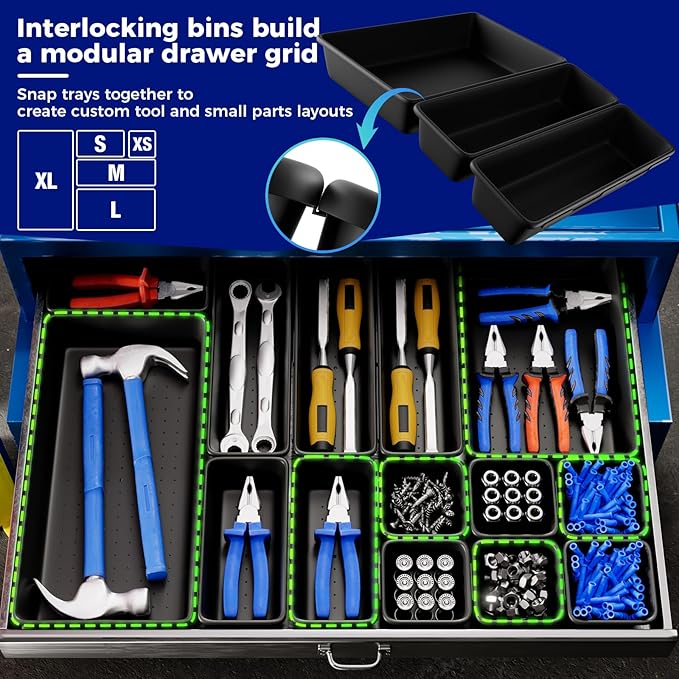 5 PCS Extra Large Toolbox Organizer Trays, Desk Drawer Organizer with EVA Non Slip Pads, Deep Drawer Dividers for Power Tools, Impact Drivers, Cordless Drills, Torque Wrenches (XL_5PCS_Black)