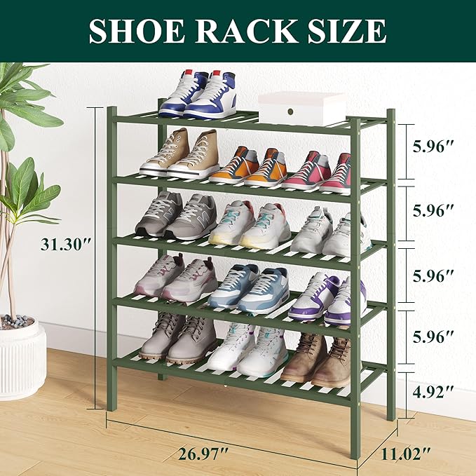 Smiry Bamboo Shoe Rack for Closet, 5 Tier Wooden Shoe Organizer, Stackable Wood Shoe Storage Shelf for Entryway, 14 Vertical Slats, 2+3 Stack Heavy-Duty Legs, 26.77"x11.02"x31.3", Green
