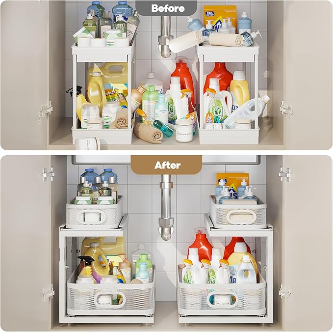 1 Pack 15IN-Depth Under Sink Organizer with Next-Gen Ball-Bearing Slides,2-Tier Precision Mesh Pull Out Cabinet Storage for Bathroom&Kitchen,Height Adjustable Drawers Shelf,Anti-Rust-White