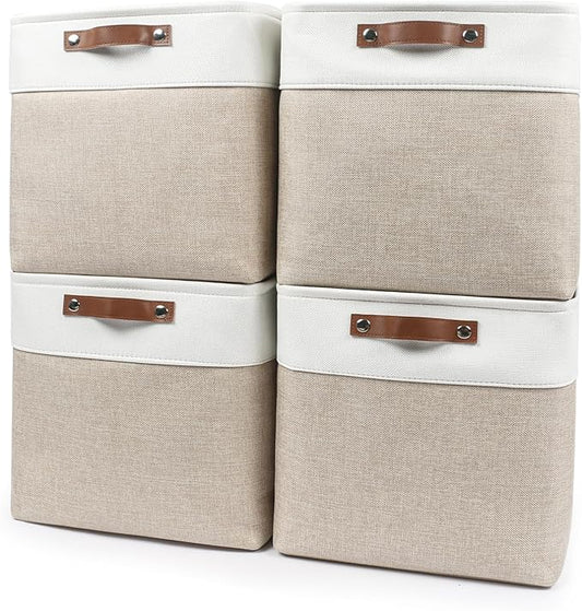 13x13 Cube Storage Bins, Collapsible Fabric Storage Box, Beige&White