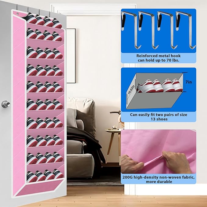 Over the Door Shoe Organizer, 20 to 30 Pairs Hanging Shoe Holder, Pink