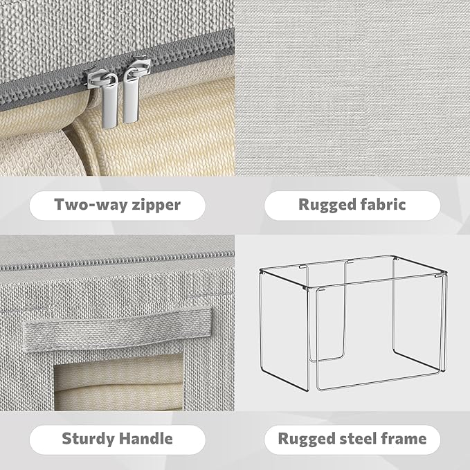 FHSQX 2 Pack Clear Window Storage Bins - Large Stackable Linen Fabric Storage for Clothes Foldable Container Organizer Set with Carrying Handles (Light Gray, 15.7x 11.8x 9.8Inch)