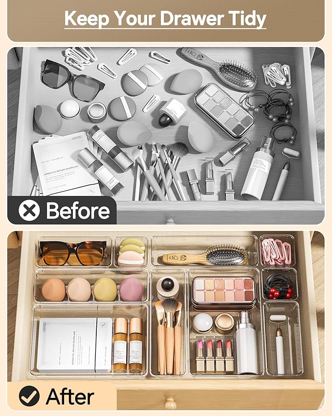 25 PCS Plastic Drawer Organizers Set, 4 Sizes Vanity Organizer, Clear