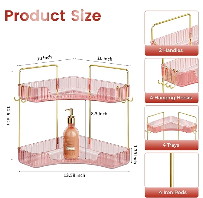 Delicate Pink 2-Tier Corner Counter Organizer with Expandable Hooks, Bathroom