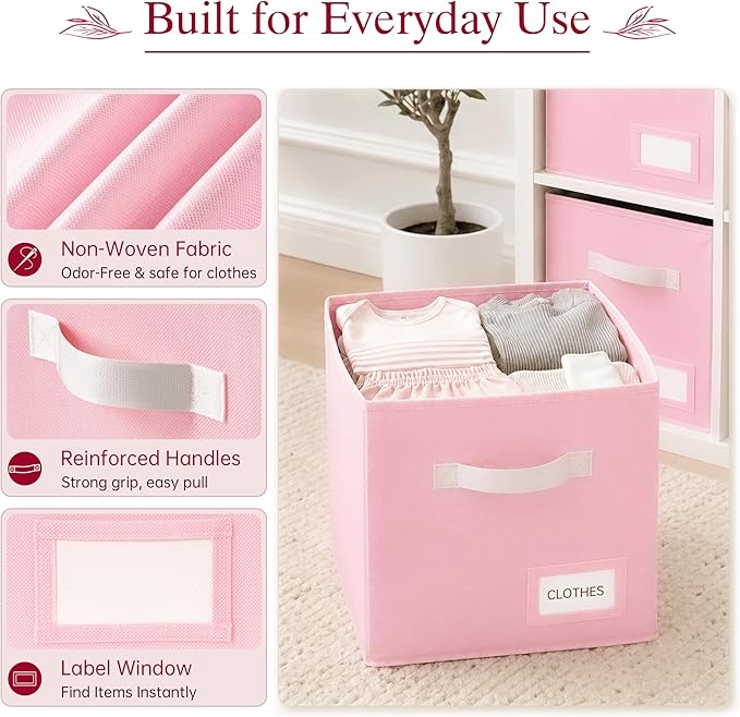 Storage Cubes 8 Pack, 11 Inch Fabric Storage Cubes Organizer Bins with Labels, Odor-Free & Sturdy PP Structure, Cubby Baskets for Closet, Shelves, Toys & Nursery ( Pink)