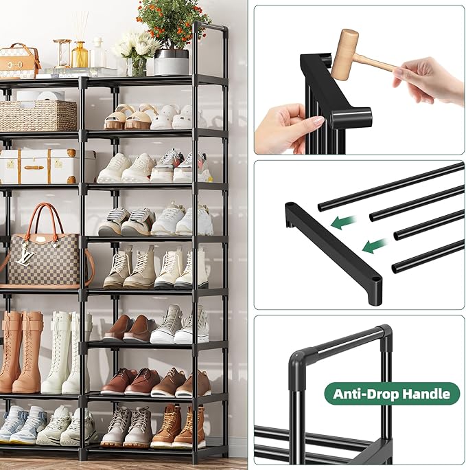 Simple Trending 8-Tier Shoe Rack Large Capacity 64 Pairs Tall Shoe Shelf, Sturdy Metal Shoe Organizer for Entryway, Closet, Bedroom, Black