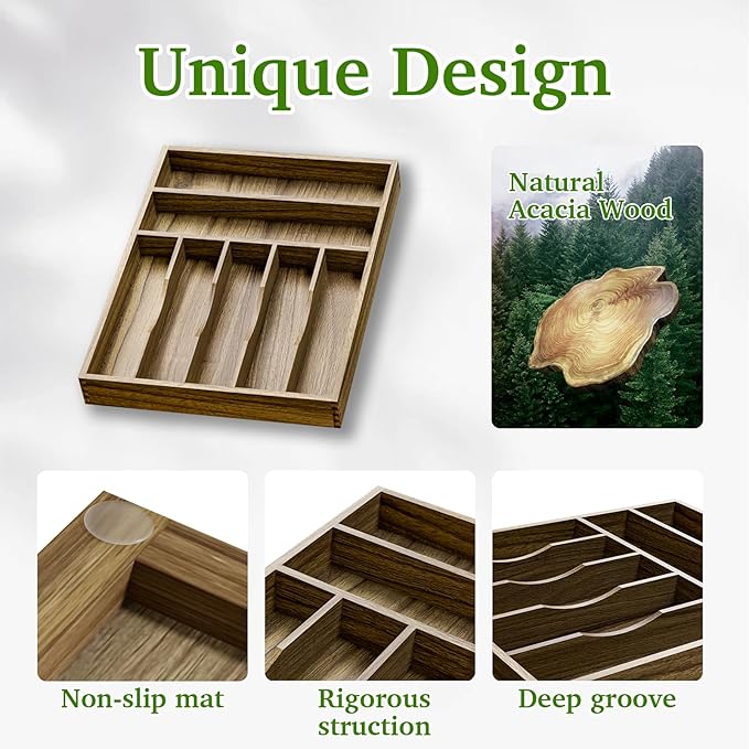 Kiasthome Acacia Wood Silverware Drawer Organizer, 7 Slots