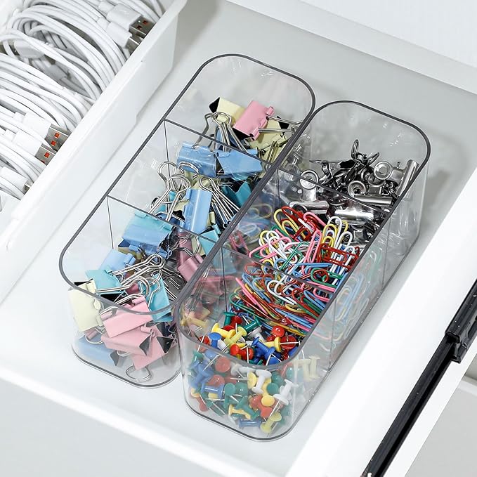 4 Pack Cord Organizer Box for Desk Drawer, Plastic Cable Storage Case with Wire Ties, Clear Home Office Supplies Container for Phone Charger, Art Crafts and bathroom Accessories