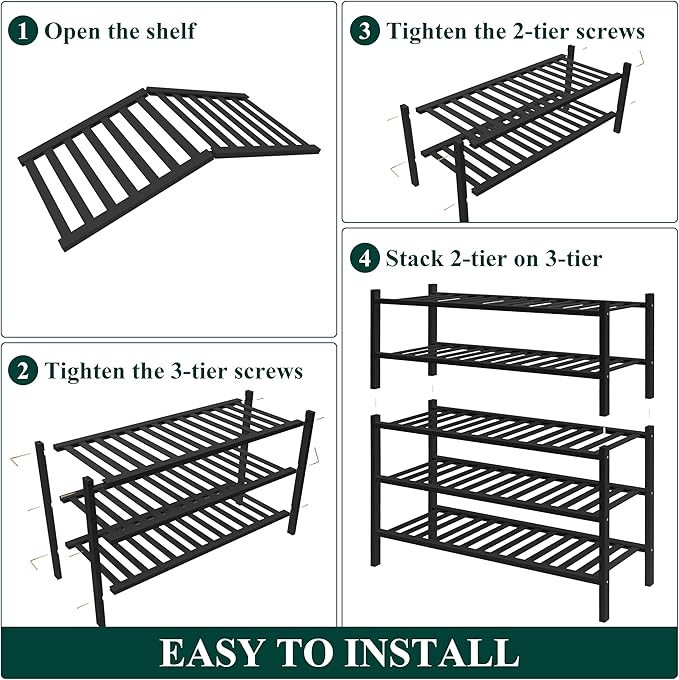 Smiry Bamboo Shoe Rack for Closet, 5 Tier Wooden Shoe Organizer, Stackable Wood Shoe Storage Shelf for Entryway, 14 Vertical Slats, 2+3 Stack Heavy-Duty Legs, 26.77"x11.02"x31.3", Black