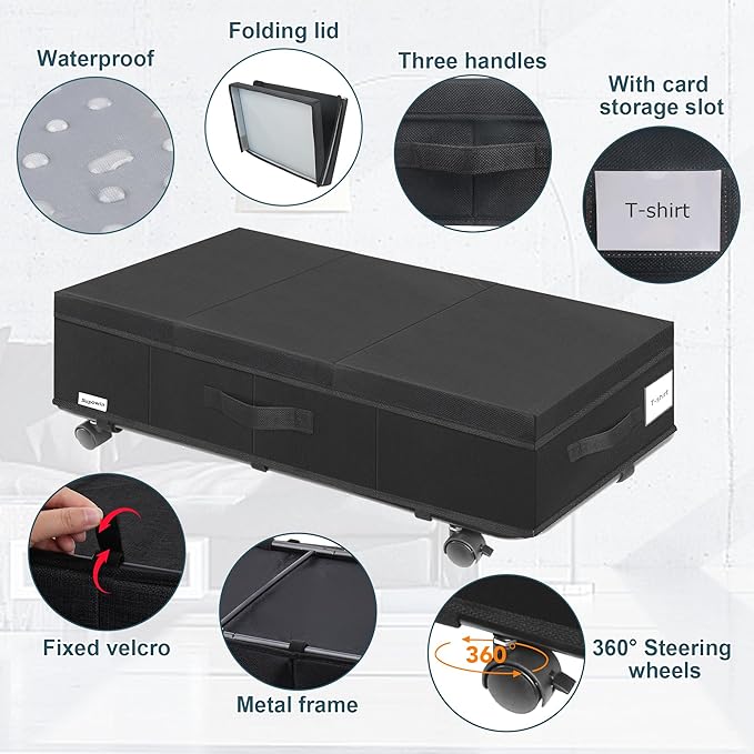 Supowin Under Bed Storage with Wheels, Rolling Underbed Storage Containers with Lids, Under Bed Shoe Storage Bins Organizer with Reinforced Metal Bottom Support and Three Handles