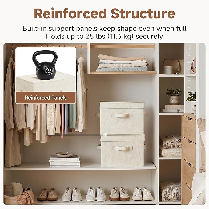 StorageWorks Fabric Storage Bins with Lid, Decorative Storage Boxes for Shelves, Stackable Closet Organizer Basket with Handles, Medium, Beige, 2-Pack