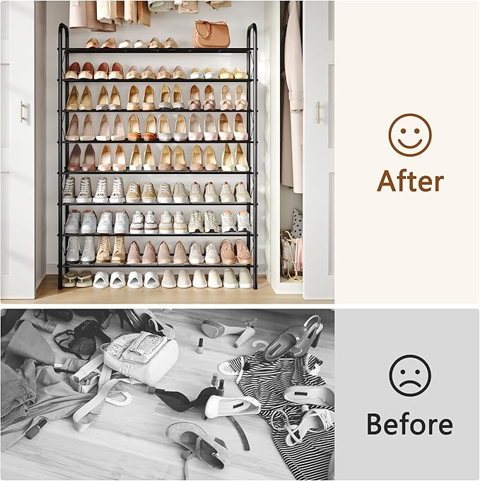 Hoctieon 8 Tier Shoe Rack for Closet, Durable Mesh Style Shoe Rack, Entryway Shoe Shelf, Shoe Storage Organizer for Hallway, Bedroom, Living Room, Wardrobe, Black