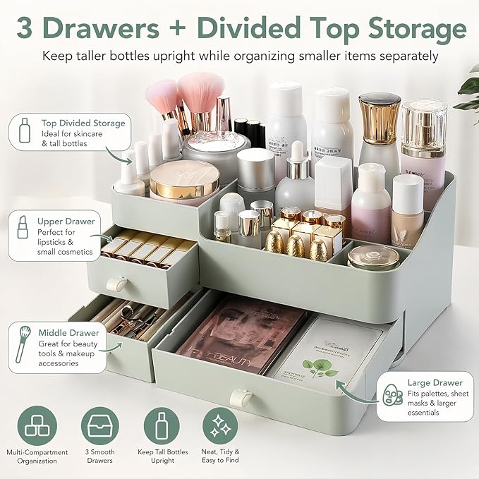 Makeup Organizer with 3 Drawers, Large Vanity Storage for Skincare, Perfume, Lipstick and Brushes, Countertop Cosmetic Holder for Bathroom, Dresser or Bedroom, Green