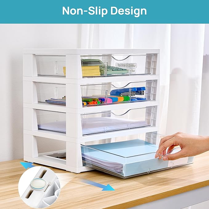 Clear Desk Organizer, 4-Tier Assemble Desktop File Organizer with Drawers