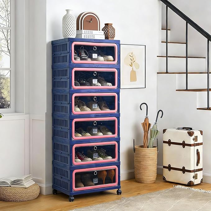 SAYMA Foldable Shoe Rack Organizer, Collapsible Shoe Cabinet with Magnetic Clear Door, Large Plastic Folding Shoe Cabinet, Easy Assembly Shoe Shelves Organizer for Entryway, 6 Tiers-12Pairs