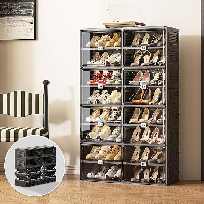 Vipbox Black Shoe Rack Organizer Cabinet for Closet Entryway,Clear Shoe Storage Boxes Stackable Sneaker Storage with Door Easy Assembly Shoe Cabinet with Lids Large 8 Tiers 32 Pairs
