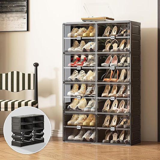 Vipbox Black Shoe Rack Organizer Cabinet for Closet Entryway,Clear Shoe Storage Boxes Stackable Sneaker Storage with Door Easy Assembly Shoe Cabinet with Lids Large 8 Tiers 32 Pairs