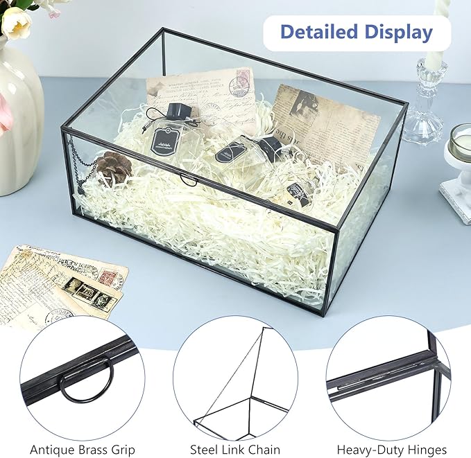 HighFree Vintage Glass Box with Lid - Clear Jewelry Glass Display Box Keepsake Box - Home Decor Decorative Box for Trinket Rings Bracelet (Black, X-Extra Large)
