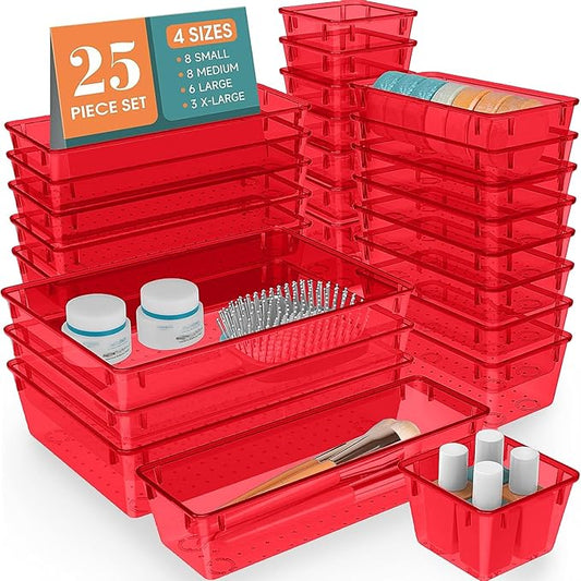 25 PCS Plastic Drawer Organizer Set, Clear Red