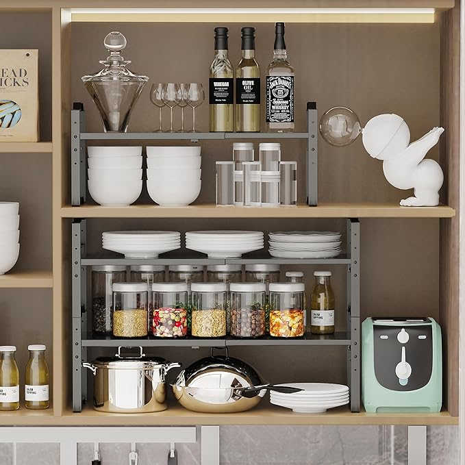 Jojocross Expandable Shelf for Cabinet Organizer Adjustable Stackable Spice Rack at Kitchen and Bathroom More, Counter Countertop Cupboard Organization Pantry Storage (1 Pack/Gun-Grey, Large)