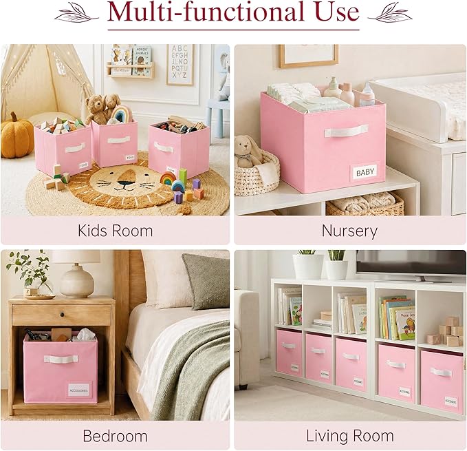 Storage Cubes 10 Pack, 11 Inch Fabric Storage Bins Organizer with Labels, Odor-Free & Sturdy PP Structure, Collapsible Cubby Baskets for Closet, Shelves, Toys & Nursery (Pink)