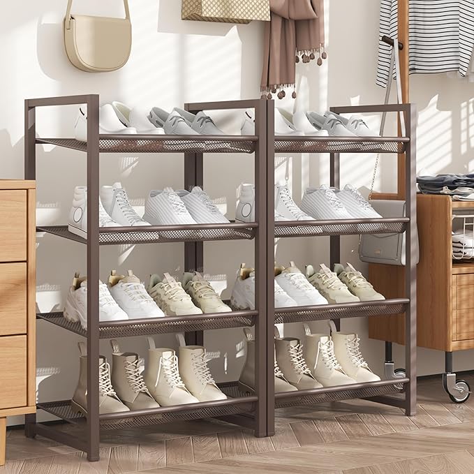 Tall Narrow Shoe Rack, 8 Tier Stackable Shoe Stand for 16-20 Pairs, Heavy Duty Shoe Organizer for Small Space Closet Bedroom, Bronze