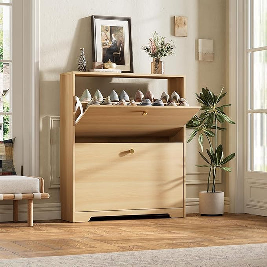 Nicetree Shoe Storage Cabinet with 2 Flip Drawers, Slim Shoe Cabinet, Hidden Shoe Rack Cabinet, Shoe Storage Cabinet for Entryway, Hallway, Foryer, Natural Oak