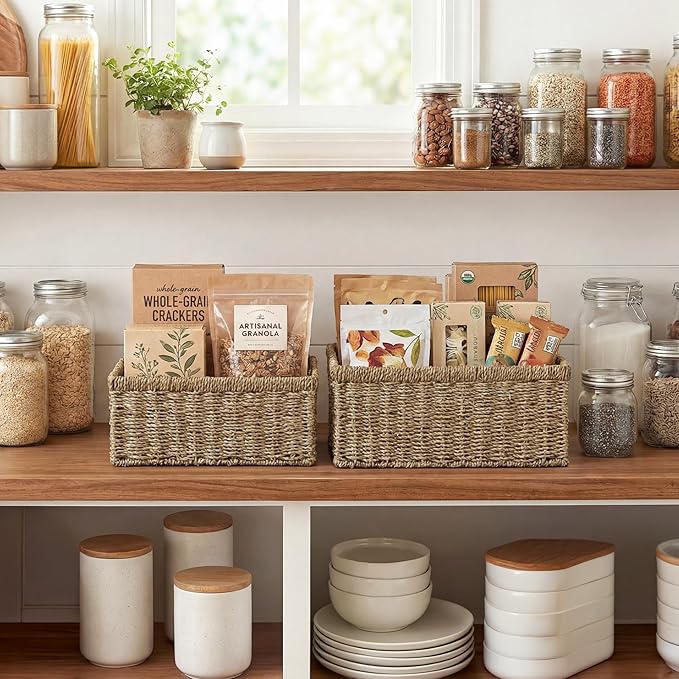 StorageWorks Wicker Storage Baskets, Handwoven Seagrass Basket for Organizing, Decorative Organizers with Built-in Handles, Set of 2