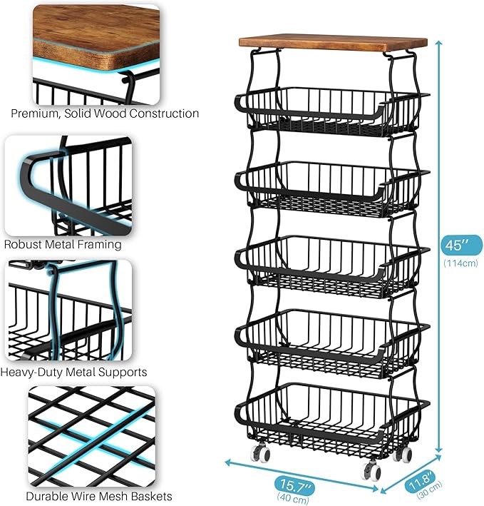 6 Tier Pantry Organizers and Storage Vegetable Fruit Basket for Kitchen, Stackable Flexible Design (3+3, 4+2, 5+1,6+0) Pantry organizers and storage for Kitchen Bathroom Livingroom Laundry Room Cart