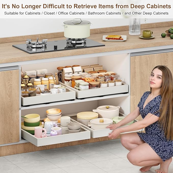 Fokyfok 2Pc Pull out Cabinet Organizer,Width(11"-16"),Depth(17"-24") Expandable No Drill Roll out Drawers,Adhesive Sliding Drawers,Slide out Shelves for Cabinets Without Lip,Kitchen,Pantry,White