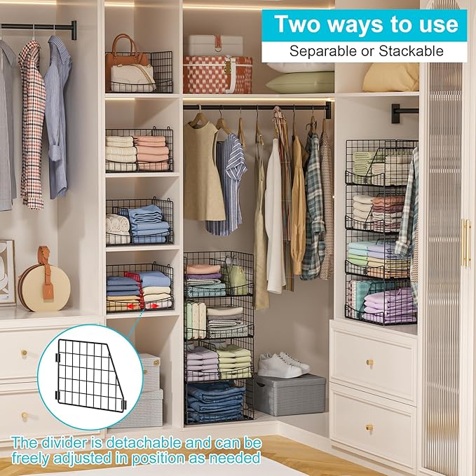 Hongtamoya 4-Tier Closet Organizers and Storage Basket with Divider, Foldable Closet Shelf Organizer System, Space-Saving Clothes Storage Drawer Organizer Bins for Wardrobe Cupboard, Black