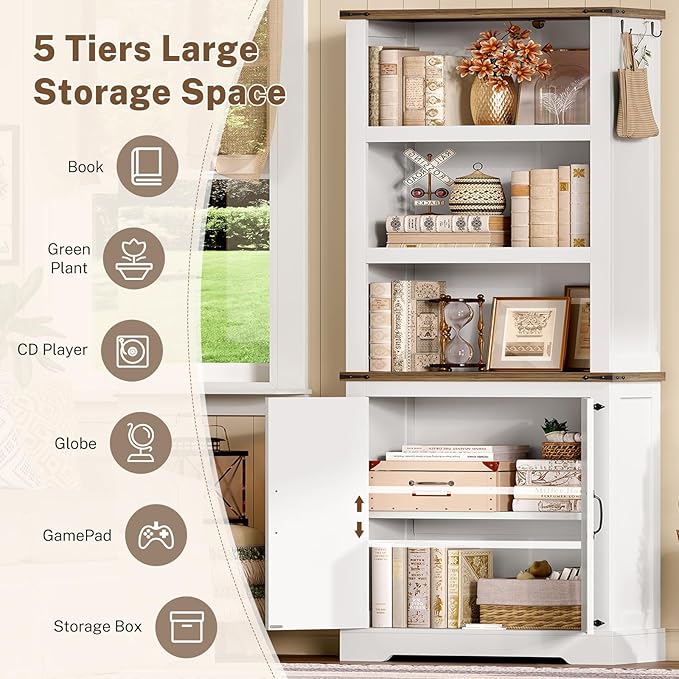 TEENFON 70.9in Tall Storage Cabinet with Adjustable Shelves, Kitchen Pantry Cabinet with 2 Barn Doors, 5 Tiers Farmhouse Bookcase for Living Room, Kitchen, Home Office, Bedroom, White