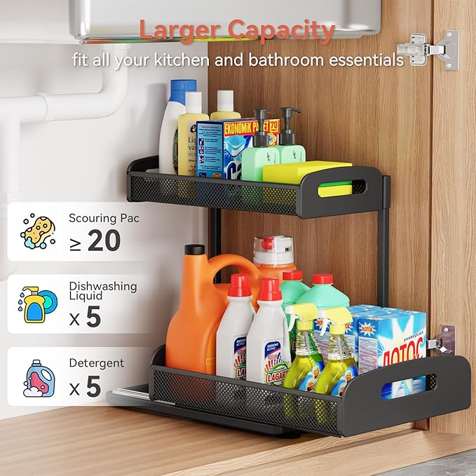 2 Pack Under Sink Organizer, 2 Tier Height Adjustable Kitchen Cabinet Organizer