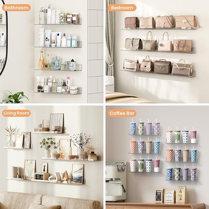 6 Pack Acrylic Shelves for Wall Storage, 15" x 4“ Floating Bookshelves for Kids