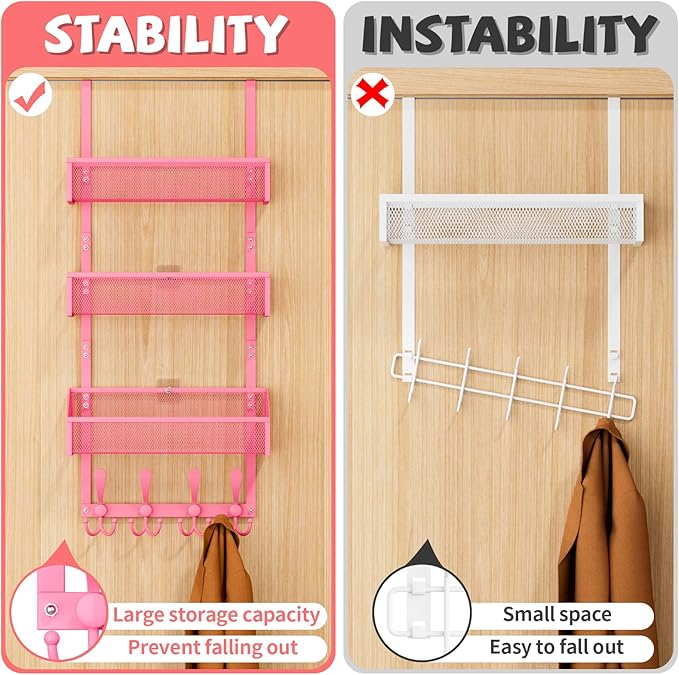 Kaiferty Over The Door Hooks Organizer, Coat Rack Over The Door Storage Hanger Towel Rack, Back of Door Storage Organizer for Bathroom,Bedroom,Kitchen,Office (Pink, 4-Tier)