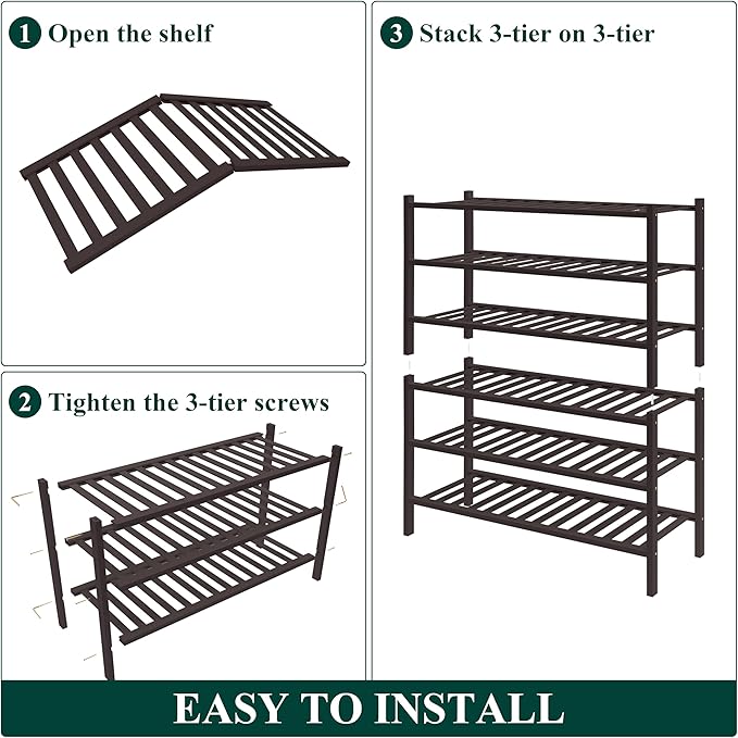 Bamboo Shoe Rack for Closet, 6 Tier Wooden Shoe Organizer, Brown